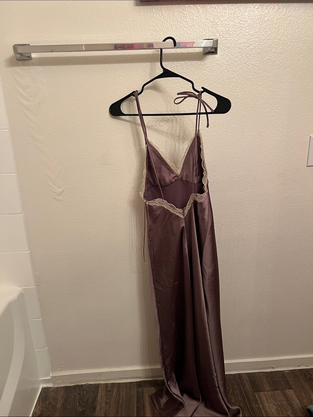 Zara Satin Slip Dress in Dusty Mauve with Cream Lace Trim